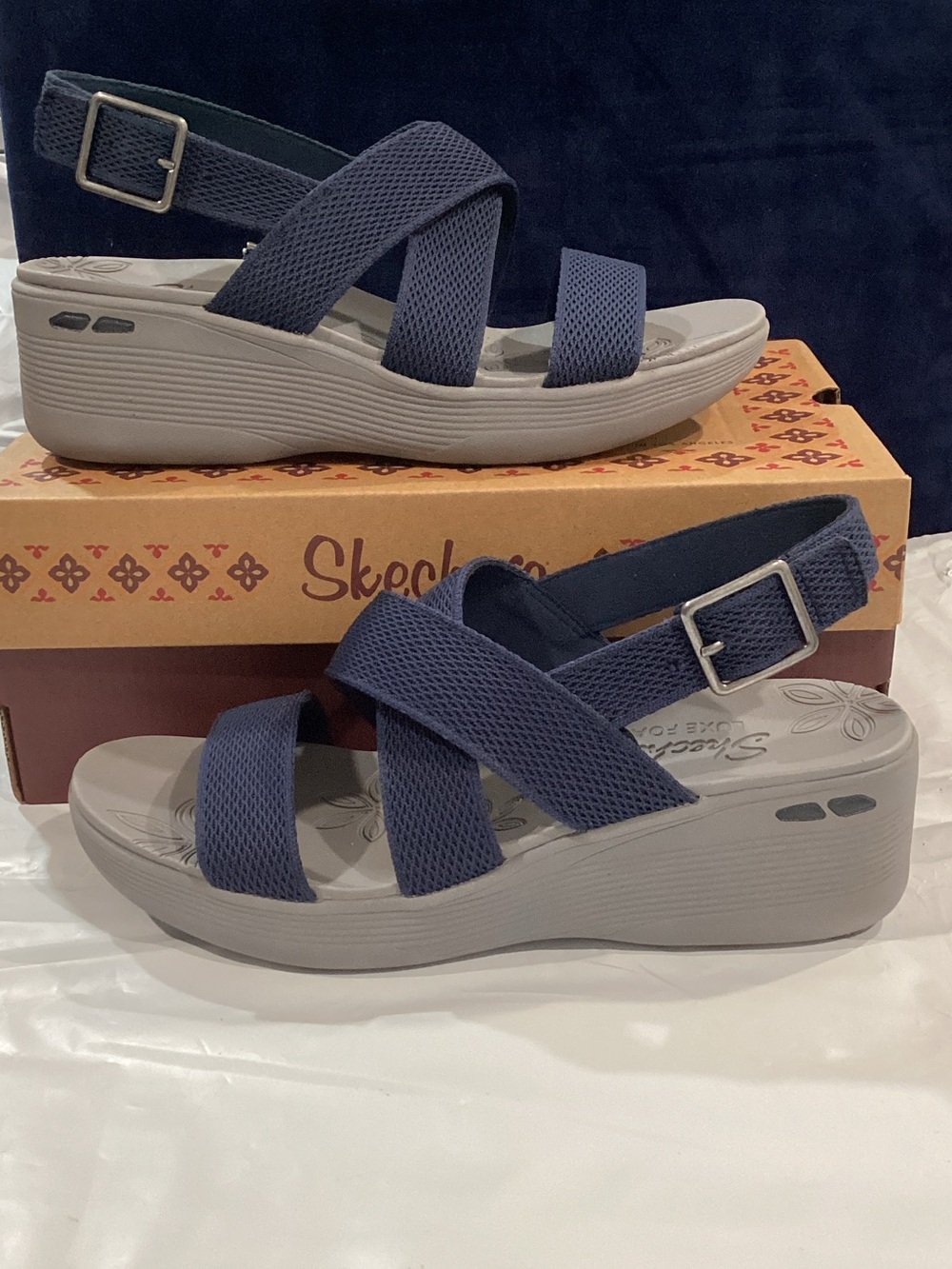 Skechers Pier-Lite Night Owl Navy Platform Wedge Sandals Women’s 8.5